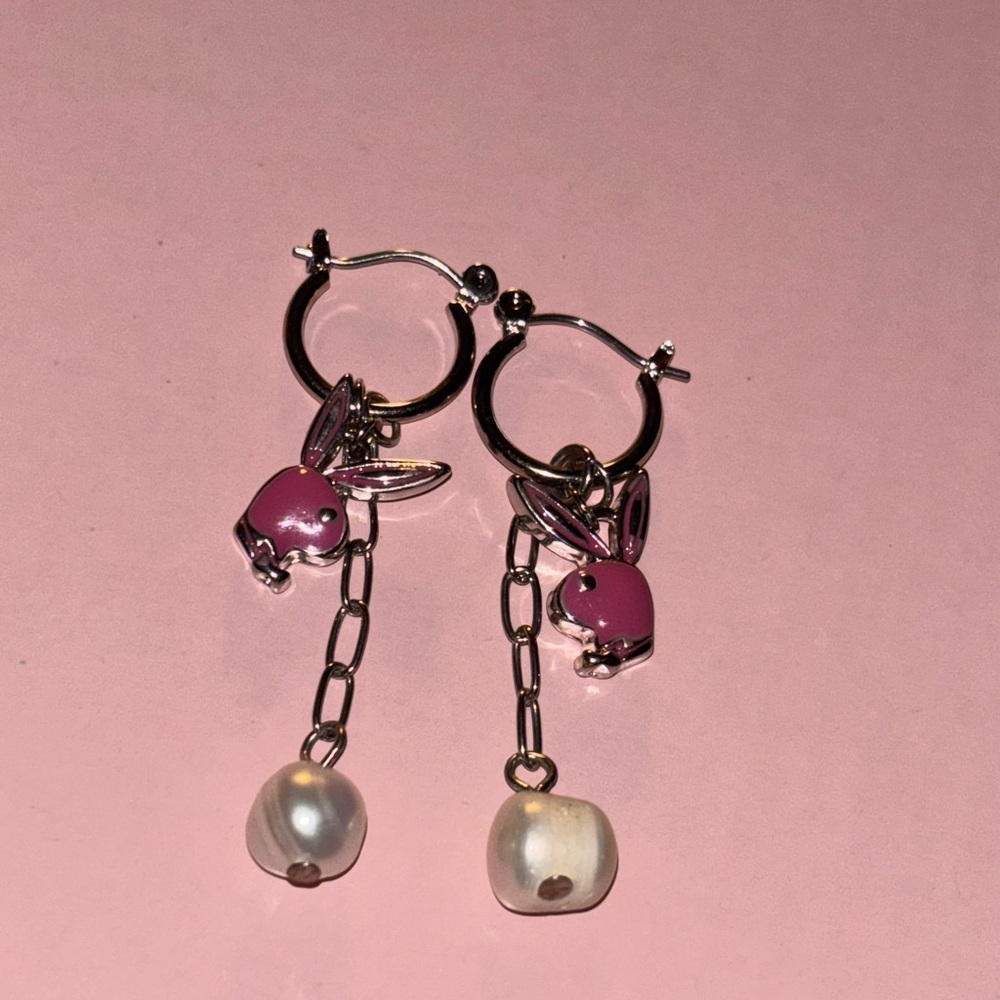 PLAYBOY Silver and Pink Earrings with Pearl Charms - Picture 2 of 2